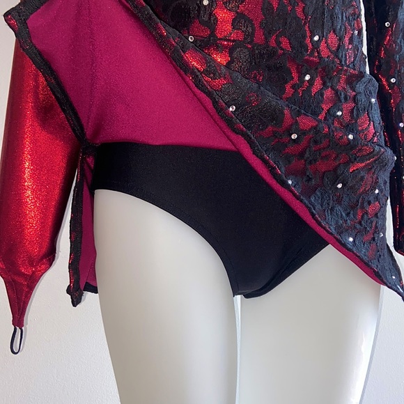 Romantic Gothic Black Lace & Diamond Detailed Deep Red Bodysuit Dress - Picture 6 of 12